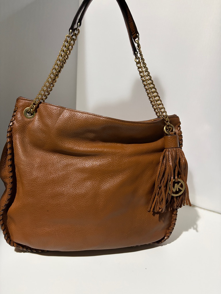 Michael Kors Cognac Pebbled Leather Shoulder Bag With Tassel